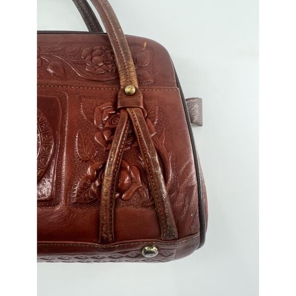 Vtg Aztec Hand Tooled Brown Leather Satchel Purse Mexico Mayan Boho Bag Roses - Picture 4 of 16